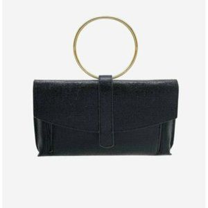La Regale Women's Metallic Coated Ring Handle Envelope Clutch Crossbody - Black